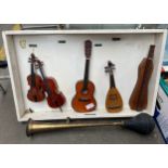 A Selection of Miniature musical instrument in display frame along with antique car horn