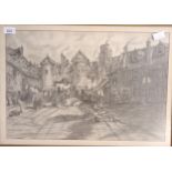 Pencil drawing depicting village scene, signed. [45x63cm]