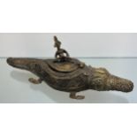 Antique Bronze tribal crocodile vessel pot with figural lid. [35cm in length]
