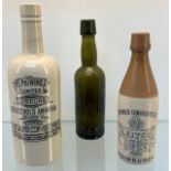 Three antique stoneware and glass bottles; Brewed Ginger Beer- Leitch- Edinburgh, The Peynine Coy.