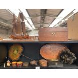 A Shelf of Interesting items to include Mauchline Tartan ware , antique small tray, document box and