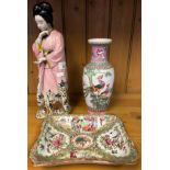 A Chinese Famille Rose panel painted dish, Chinese bird and floral design panel painted vase and