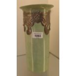 Arts and crafts green vase detailed with pewter worked and bead trim. [25cm high]