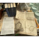 A Selection of Scottish related books with old map of Edinburgh , old deeds with antique map along