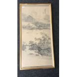 Antique Japanese painting on silk depicting village and mountain landscape. Signed by the artist. [