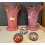 Two Scottish art glass vases together with three Scottish paperweights possibly Strathearn. [Tallest