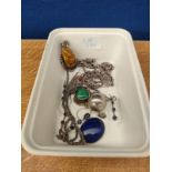 Tub of silver jewellery to include Silver and amber pendant, Silver and Lapis Lazuli pendant, Chunky