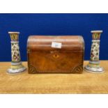 A Victorian Tea caddy box along with A pair of tin glazed Portuguese candle sticks
