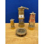 Antique brass compass along with a selection of small Brass miners lamps includes E Thomas &