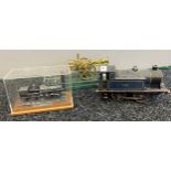 Antique clockwork train loco '112', Displayed Bachmann pewter 'Locomotion 1' model and brass made