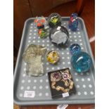 A Tray of Paperweights and jewellery to include scottish themed brooches