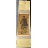 Large Japanese Scroll painting on silk depicting figure on horse back, signed. [144x39cm]
