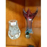 Liskeard 1970s clear glass knobbly vase and Isle of Man lead and crystal pear and one other