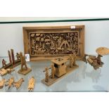 Antique Chinese hand carved figure/ fishing scene panel together with various Chinese carved