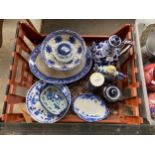 A crate of blue and white ware to include Shelley and Victoria Ware