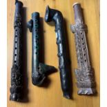 A Lot of four various Mexican Aztec flute instruments, Two carved from wood and two made from