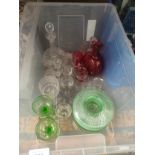 A Box of Victorian glass wares Mary Gregory style cup and cranberry glass decanter