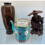 20th century Chinese turquoise ground tea pot with wicker double handle, Rootwood hand carved