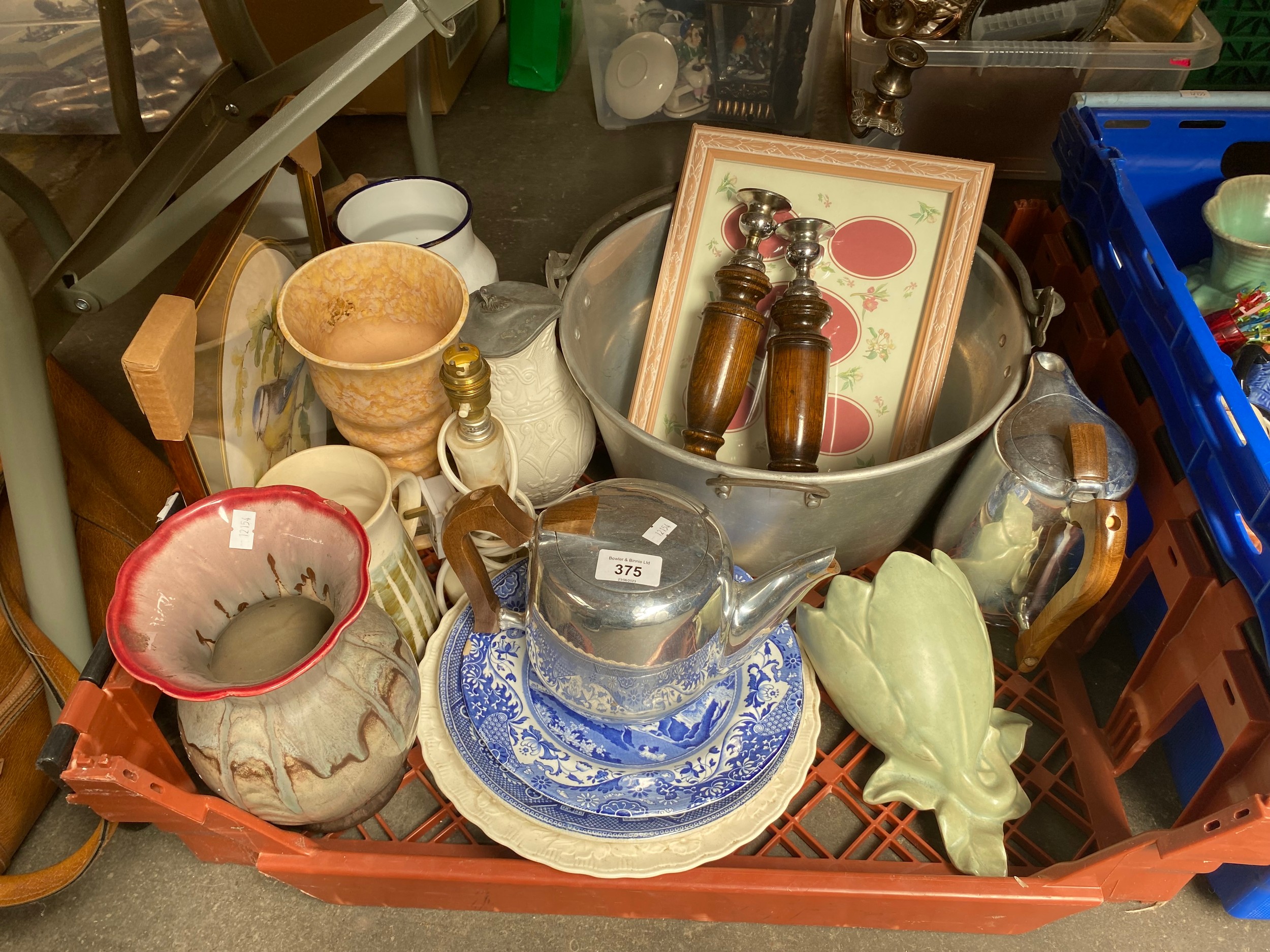 A Crate of collectables includes Piquot ware and studio vases
