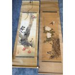 Two Japanese scrolls; two paintings on silk- bird and flower design with signature and ferret with