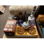 A Tray of collectables includes Prinz microscope, Caithness vase and Trench art vase