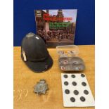 Vintage 6 panel cork police helmet, police badges and The choice of champions police band record