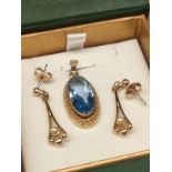 14ct rolled gold and blue stone pendant with a pair of costume earrings.