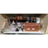 A Shelf of collectables includes letter holder, Scottish scene box and many more items