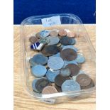 Small tray of mixed coins; old fifty pence coins, Victorian copper coins, 1996 one pound coin and