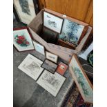 A Box of mixed art works to include tapestries and various scene prints