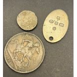 George IIII Silver 1821 Crown Coin, Sheffield silver I.D Tag and Arabic white metal coin.
