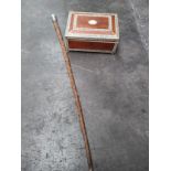 An antique carved walking stick with white metal top along with bone inlaid jewellery box