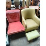 A leather effect lime green tub chair with matching stool along with button back bedroom chair