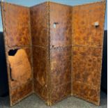 Large 19th century floor standing four panel screen. Leather panels- some as found [200cm high]