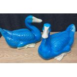 A Large pair of Chinese Republic peacock blue duck ceramic sculptures. [One as found-see images] [