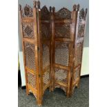 20th century Indian Rose wood four panel screen. Detailed with brass inlays. [Each panel-180x45cm]