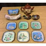 A Selection of Chinese collectables; Yixing pottery sake tea pot with dragon design, Two Cloisonne