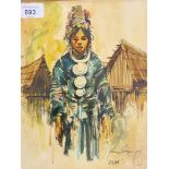 Watercolour depicting 'AKHA' women, signed and dated '79. [28x23cm]