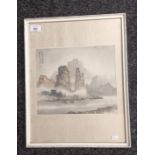 A Chinese Watercolour painting with a silk background, signed. [47x37cm]