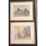 Two framed watercolours 'Bakers shop in Patrick' dated 1895 and city scene signed Owen P.Smyth '