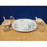 A selection of antique kitchen items includes a large bird scene platter, pestle and mortars,