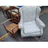 An antique Gulwing chair along with Victorian armchair [both needs attention]