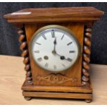 Antique oak cased French Mantel clock, Comes with pendulum and keys. [Runs for a short period then