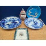 A selection of oriental collectables includes Chinese blue and white wall chargers with was export