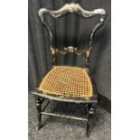 19th century black lacquered, gilt trim and mother of pearl inlayed bedroom chair. Has original