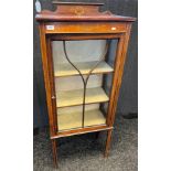 Early 20th century Edwardian narrow display cabinet. Finial top with inlay and hand painted