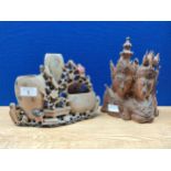 A 1900s oriental soap stone sculpture along with a Thai Deity carved wooden sculpture