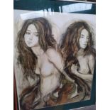 Charcoal and pastel of Nude Women titled 'Diane' Artist Sheldon C Schoneberg set in framing [