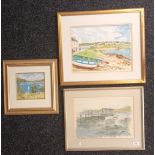 Watercolour by L.M.McDermid along with two framed prints all depicting seascapes. [Largest 48x58cm]