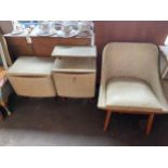 A Mid century chair, bedside table and a blanket box